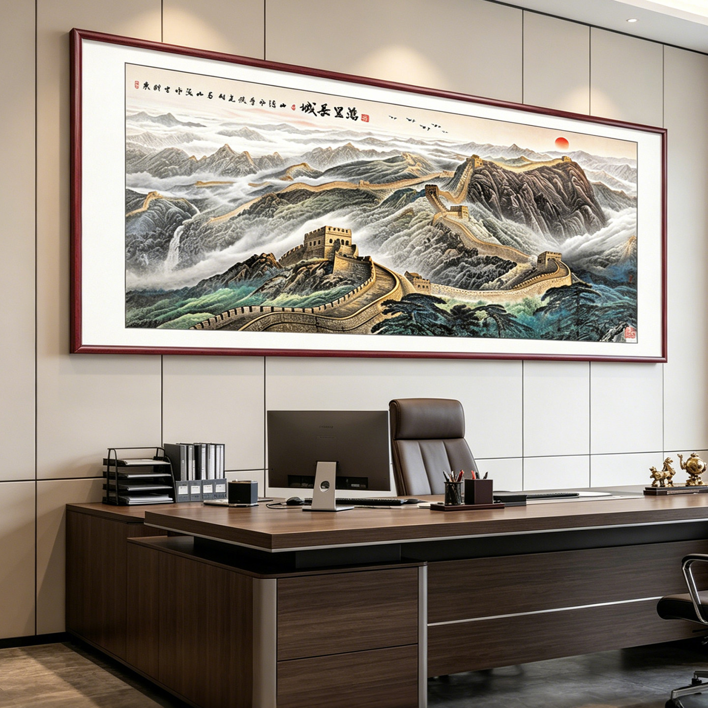 万里长城靠山图办公室国画客厅沙发背景墙装饰画会议室墙山水挂画