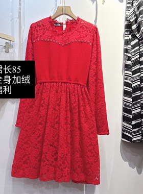 清库存福利大码红色加绒连衣裙裙长85