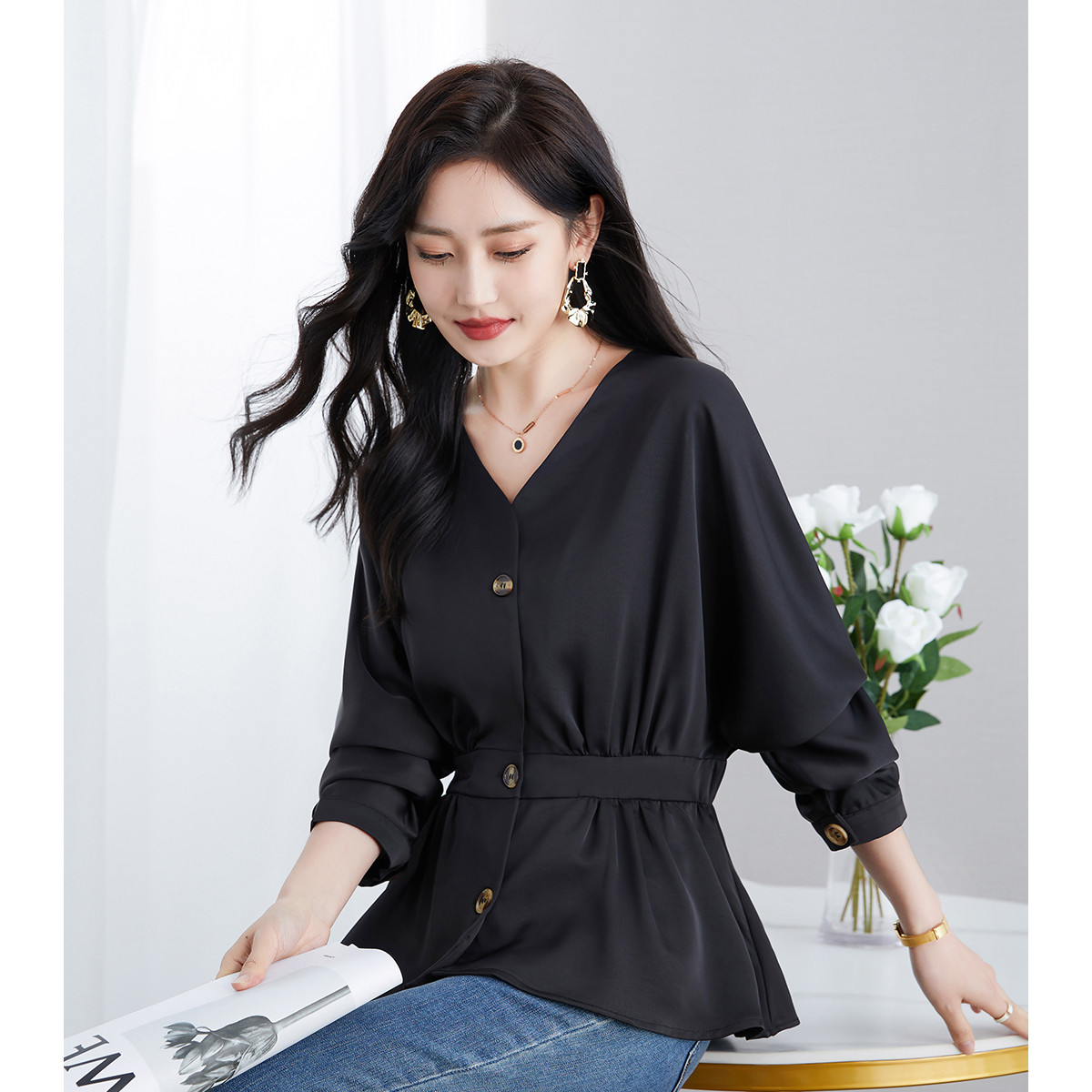 冰洁2022年秋季新款衬衫女时尚休闲气质收腰显瘦优雅简约百搭上衣在类目 女装/女士精品, 衬衫中 - 来自Buy2taobao.com提供专业的淘宝代购服务