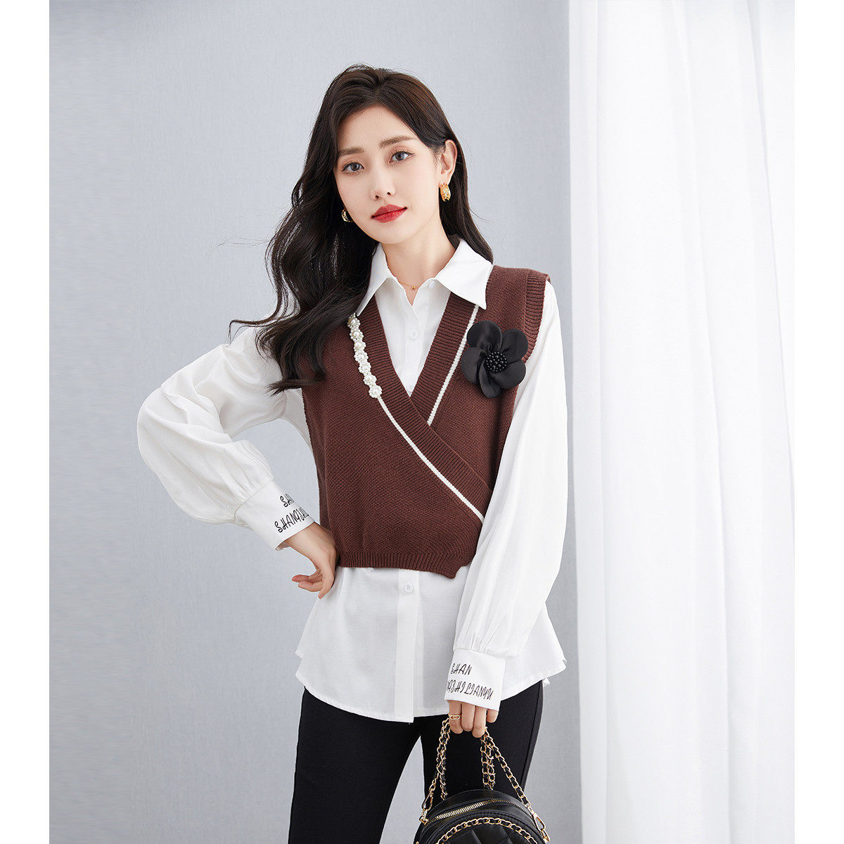 冰洁2022年春季新款宽松针织马甲长袖衬衫两件套套装|msdalam kategori Butik wanita / wanita, shirt - dari Buy2taobao.com untuk memberikan perkhidmatan ejen Taobao profesional membeli