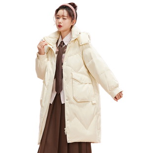 雪中飞2026秋冬新款女士中长款连帽羽绒服时尚纯色直筒显瘦廓形暖