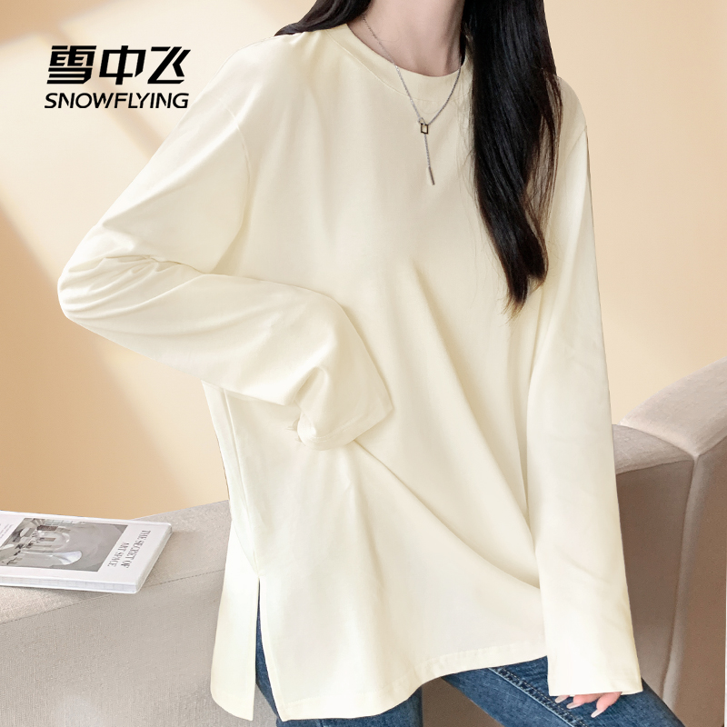 雪中飞女士新款宽松开衩长袖t恤