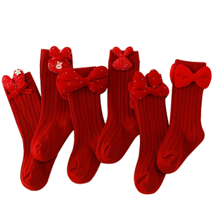 女童中筒袜子新年红色春秋儿童蝴蝶结长筒袜子韩国洋气女宝宝高筒