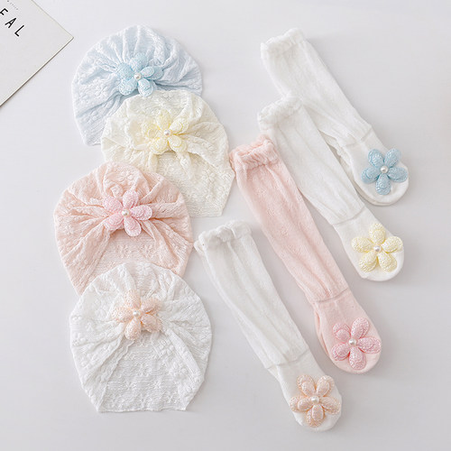 婴儿长筒袜蕾丝胎帽夏季薄款