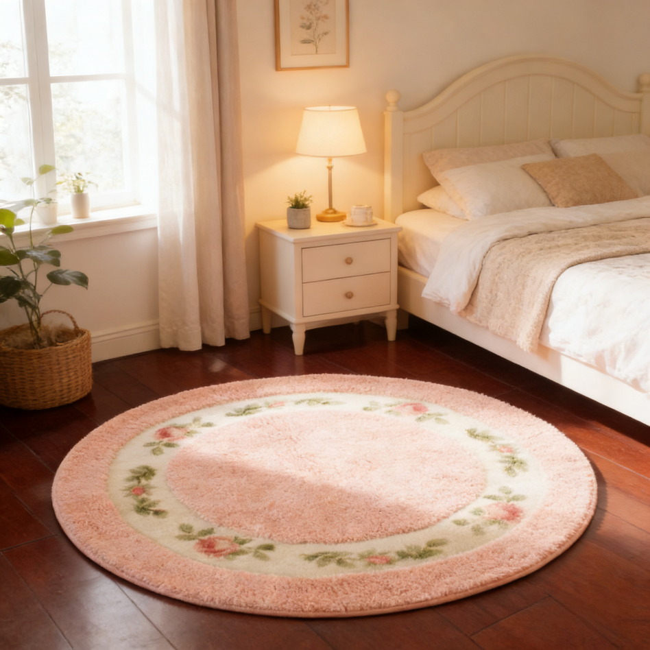 库存处理法式温柔风粉色圆形地毯卧室客厅花卉图案毛绒地垫高级感,居家布艺,地毯,淘宝优惠券,粉丝福利购,淘宝优惠卷