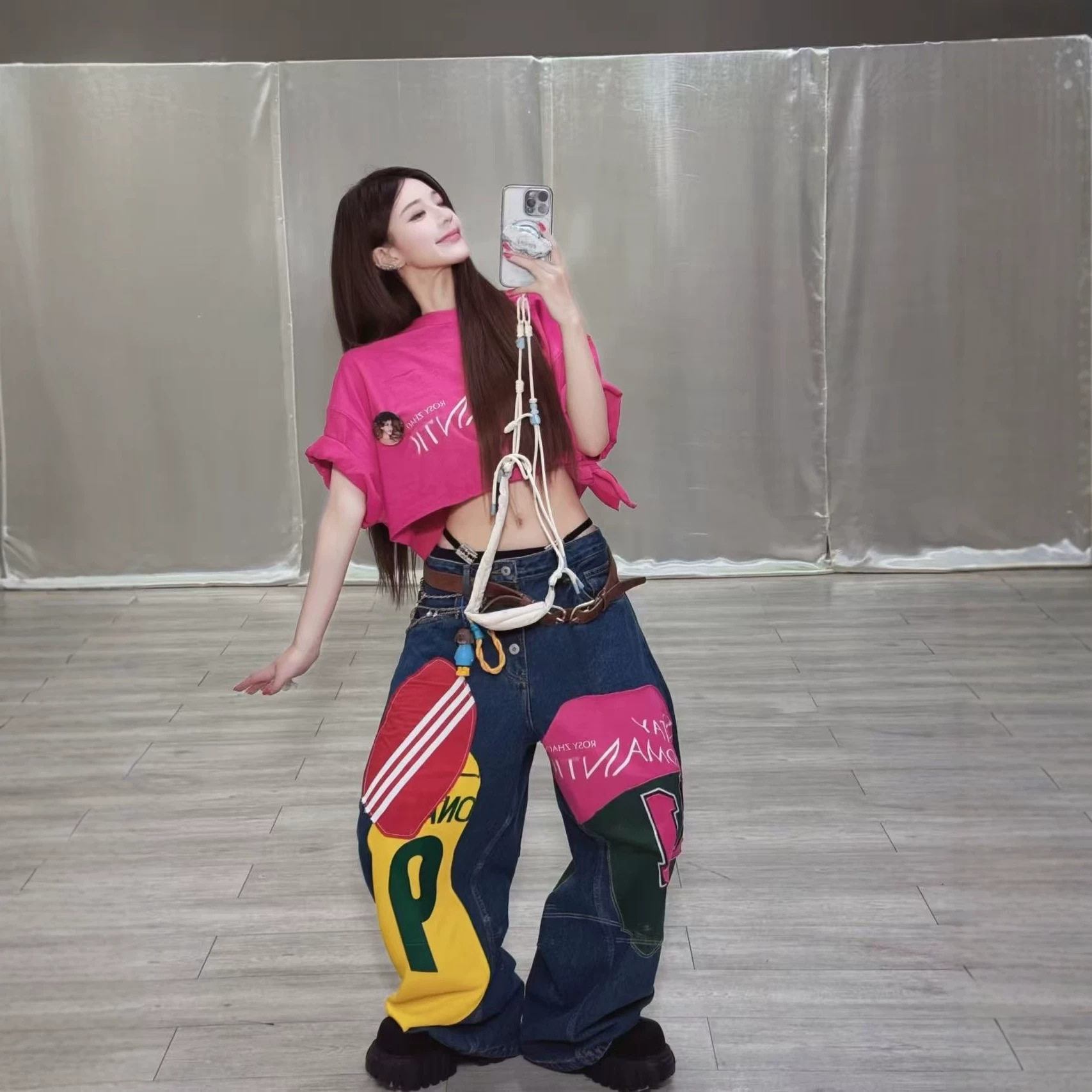 明星同款 美式复古辣妹高腰常规弹力贴布印花宽松阔腿牛仔裤女