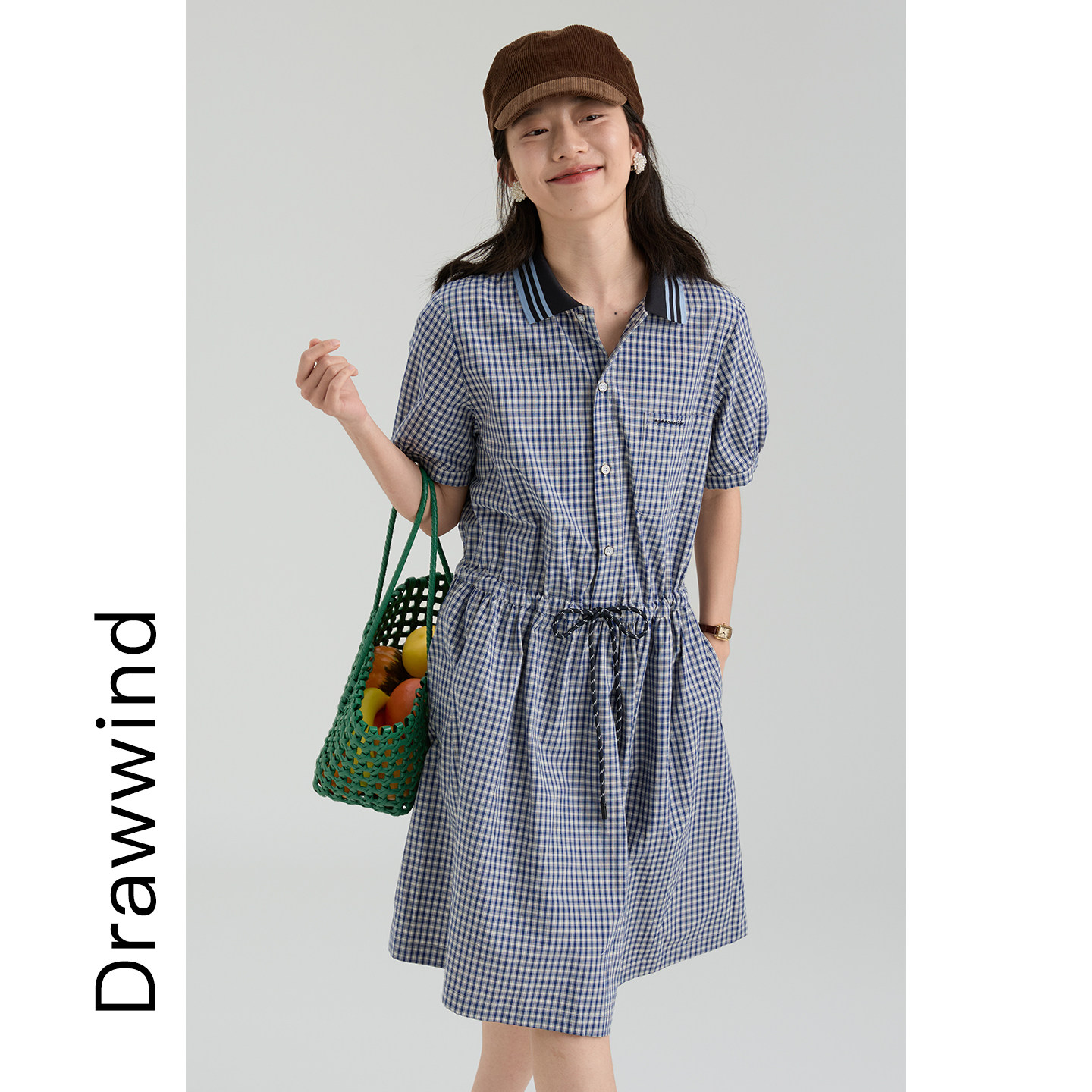 画风drawwind2026夏季新款短袖衬衫连衣裙女宽松纯棉翻领收腰长裙
