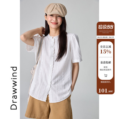 画风drawwind白色短袖宽松衬衫女夏季2026新款慵懒风刺绣立领上衣