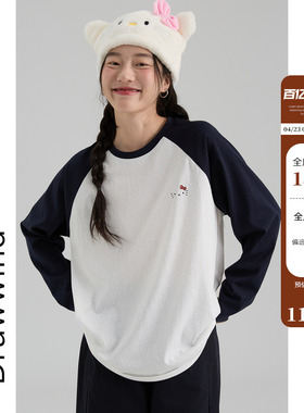 画风drawwind2026春季新款长袖T恤女宽松kitty猫印花撞色插肩上衣