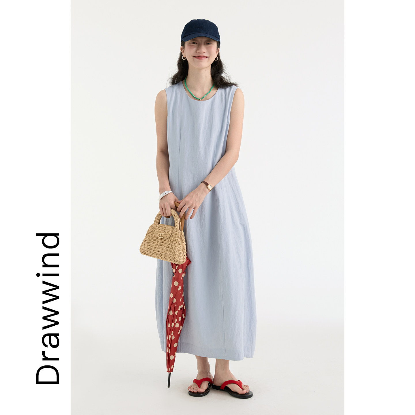 画风drawwind夏季新款背心连衣裙女宽松圆领极简风后拉链无袖长裙