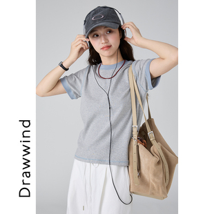 夏季 休闲宽松正肩圆领上衣 T恤女2026新款 画风drawwind条纹短袖