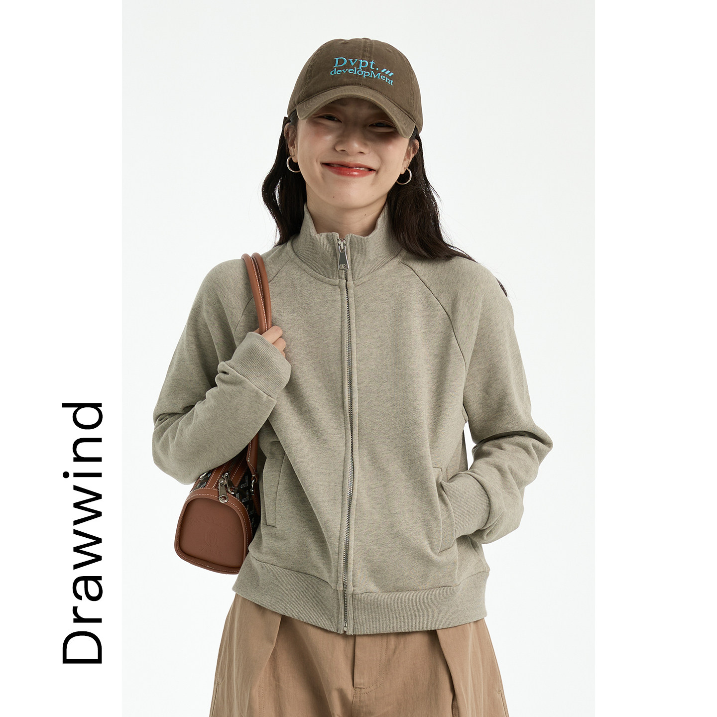 画风drawwind秋季新款韩版全棉立领开衫卫衣女宽松拉链休闲短外套