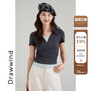 正肩上衣夏 画风drawwind假两件V领短袖 T恤女2025新款 夏季 休闲修身