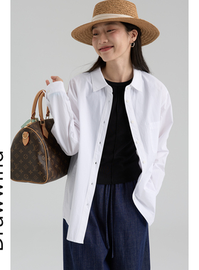 画风drawwind2026春季新款长袖衬衫女宽松纯色单口袋设计纯棉衬衣