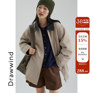 画风drawwind2025秋冬季新款翻领棉衣女撞色皮领拉链羊毛棉服外套