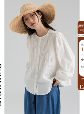 画风drawwind2026春季新款灯笼袖衬衫女宽松圆领压褶纯棉长袖衬衣