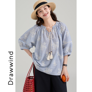 画风drawwind薄款条纹衬衫女2025新款夏季纯棉雪花刺绣套头上衣夏