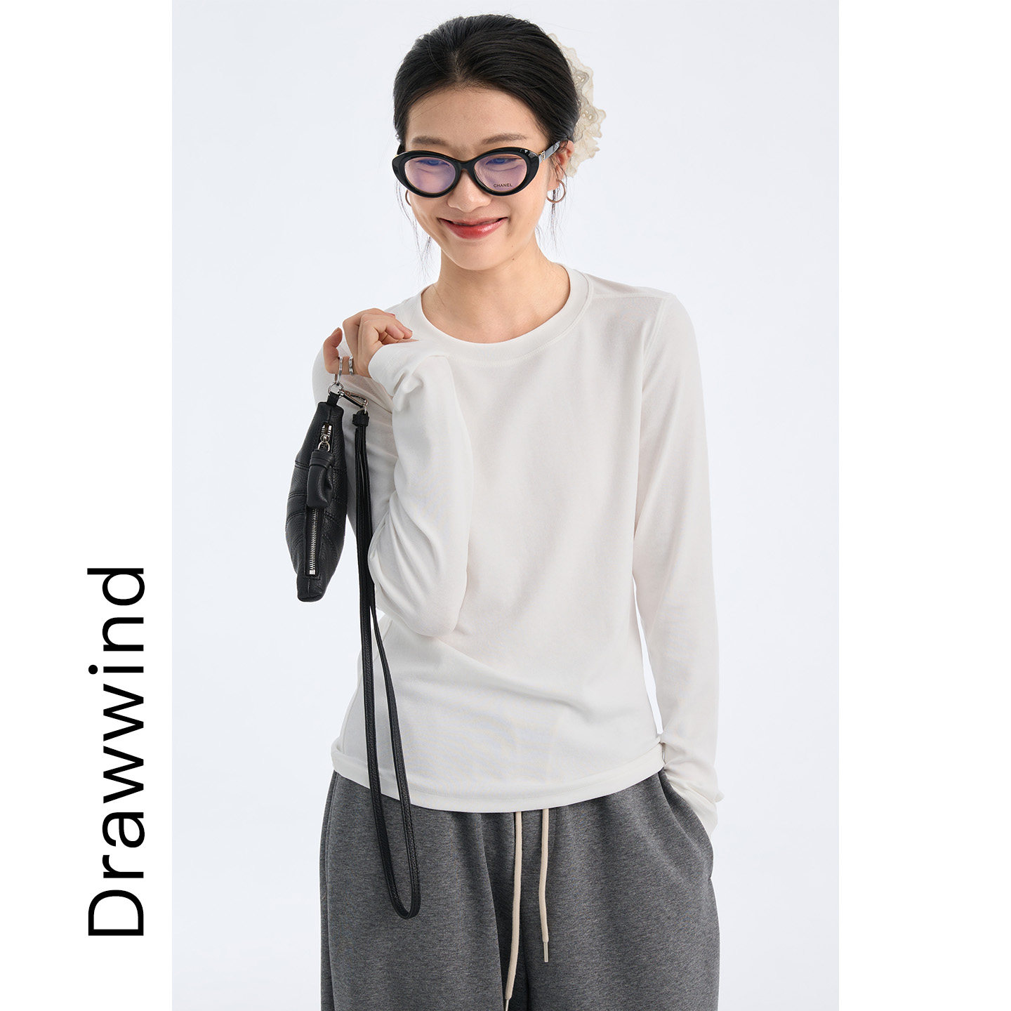 画风drawwind秋季简约长袖T恤女天丝棉修身显瘦直角肩弹力打底衫