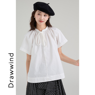 画风drawwind系带领短袖衬衫女2026新款夏季纯棉休闲宽松套头上衣