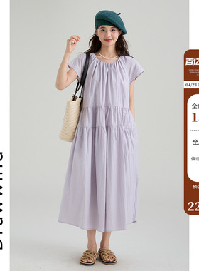 画风小飞袖法式连衣裙女2026新款夏季休闲宽松收腰高级感气质长裙