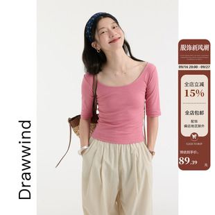 画风drawwind夏季新款短袖T恤女韩版修身纯色小心机大U领中袖上衣