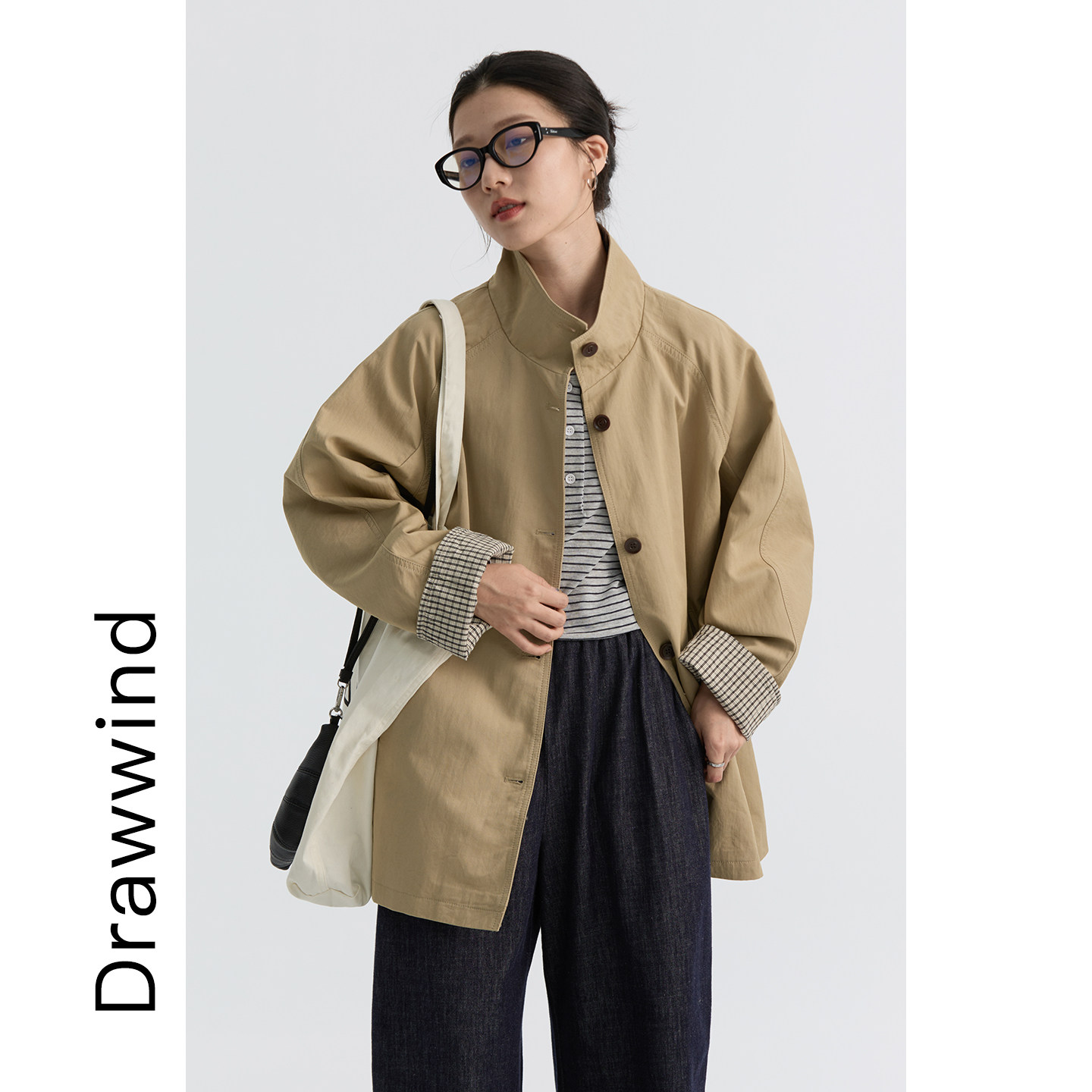 画风drawwind秋季新款廓形风衣女日系宽松立领复古中长款撞色外套