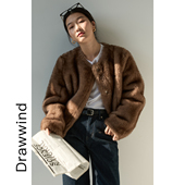 画风drawwind冬季 咖色仿皮草毛毛保暖外套女无领毛绒上衣2026新款