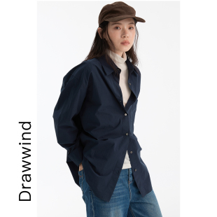 画风drawwind秋季新款长袖衬衫女宽松显瘦韩版纯色纯棉直角肩衬衣