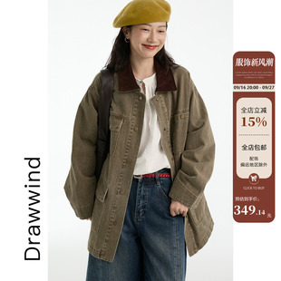 画风drawwind复古工装风衣女秋季水洗拼接全棉中长款宽松休闲外套