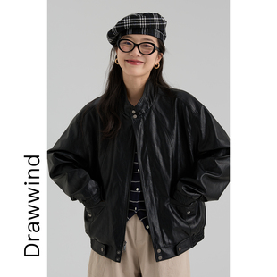 画风drawwind春季黑色皮衣女宽松立领短款小个子夹克外套2026新款
