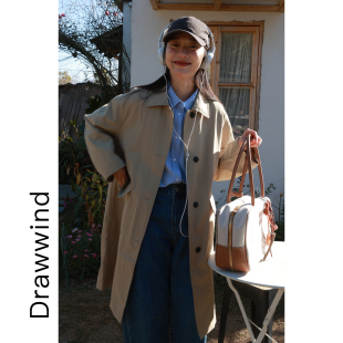 画风drawwind2026春季新款风衣女韩版宽松全棉长款单排扣翻领外套