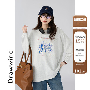 上衣 画风drawwind圆领长袖 T恤女2025新款 秋季 休闲宽松基础打底衫