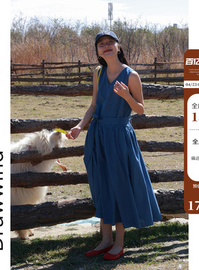 画风drawwind春夏季新款无袖连衣裙女格纹v领收腰蓝色H型宽松长裙