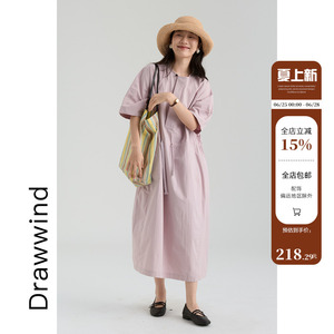 画风drawwind2026夏季新款半袖连衣裙女宽松圆领气质抽绳收腰裙子