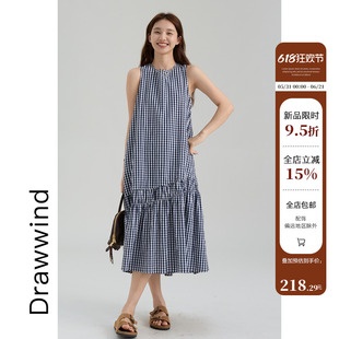 画风drawwind夏季有里格纹无袖格子连衣裙女2026新款宽松圆领长裙