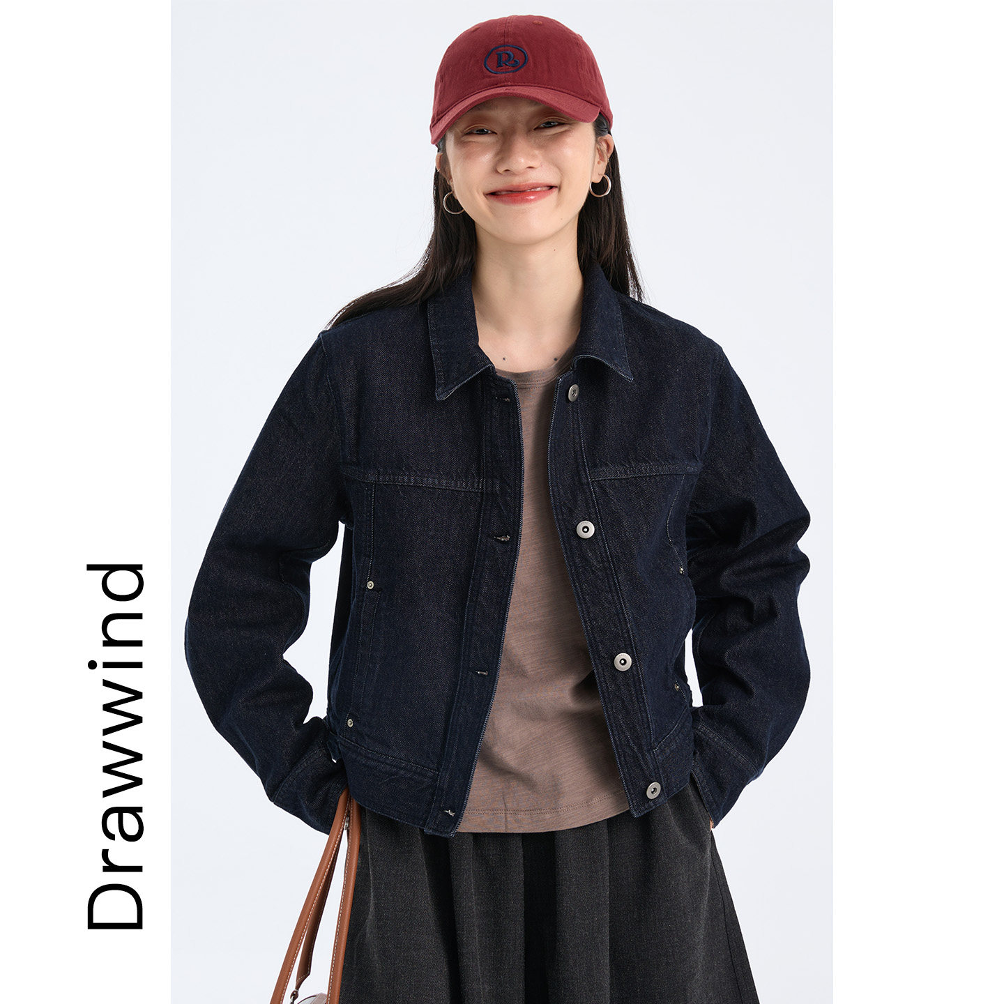 画风drawwind秋季复古原色丹宁牛仔夹克女宽松翻领全棉休闲短外套