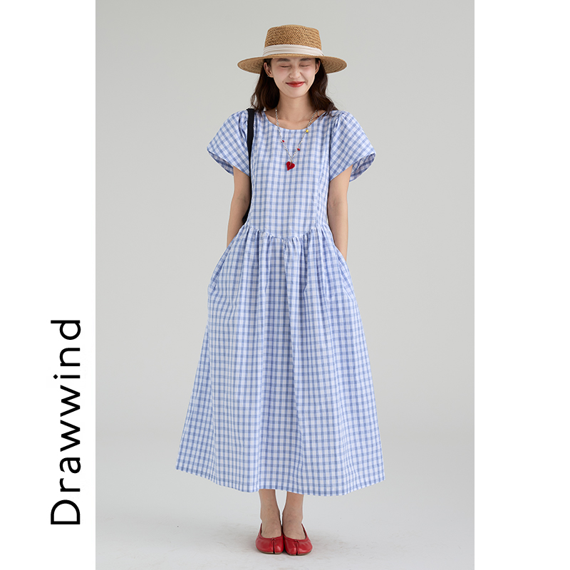 画风drawwind格子小飞袖连衣裙女