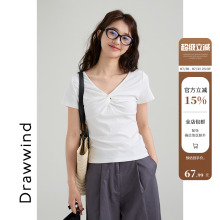 画风drawwind扭结V领短袖T恤女2025新款夏季休闲宽松气质上衣短款