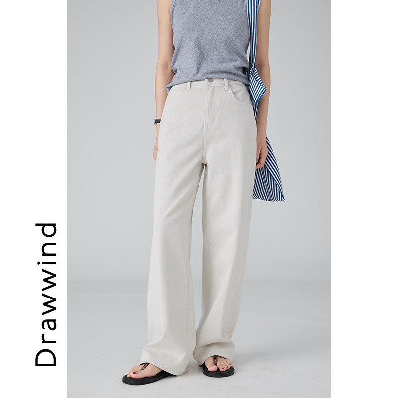 画风drawwind米色直筒牛仔裤女2025新款秋季复古休闲宽松高腰长裤