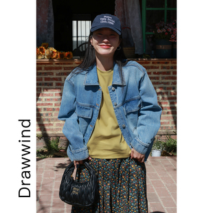 画风drawwind2026早春季新款工装夹克女宽松口袋拼接翻领牛仔外套