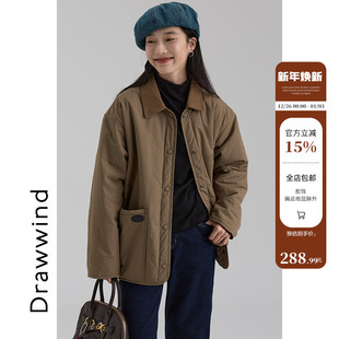 画风drawwind冬季 拼色格子绒加厚棉衣外套女宽松翻领棉服2025新款
