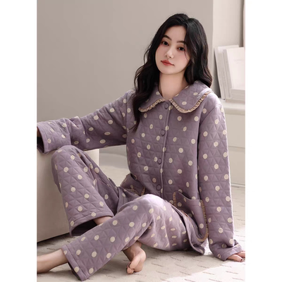 睡衣女士春秋款加厚纯棉长袖秋冬季薄款夹棉冬款空气棉夹层家居服