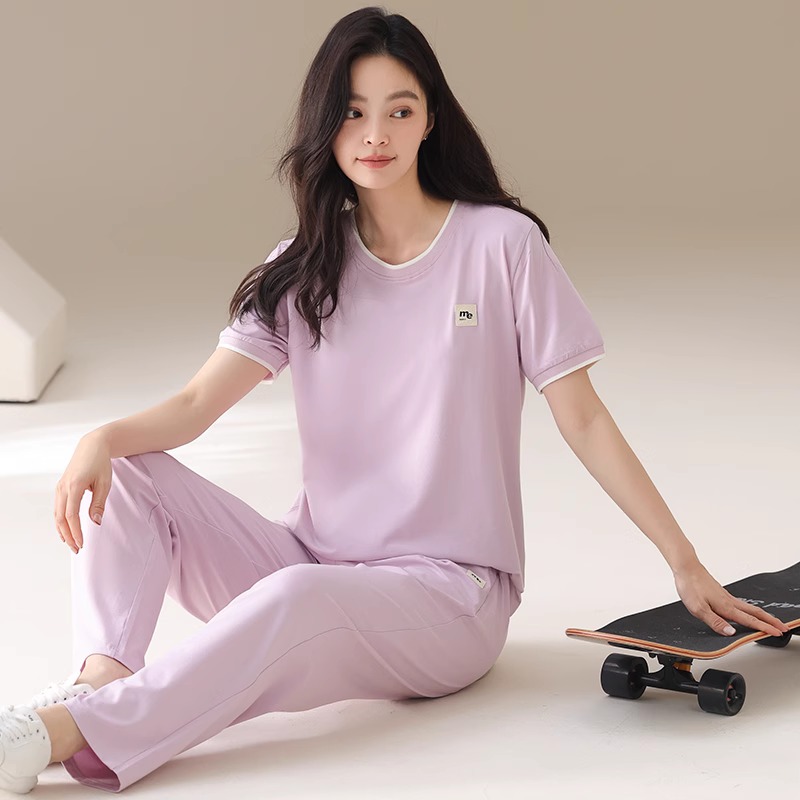 2025新款睡衣女士夏季短袖纯棉可外穿简约紫色运动家居服薄款长裤