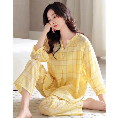 梭织棉纱布睡衣女春秋款纯棉七分袖女款夏季薄款全棉高级感家居服