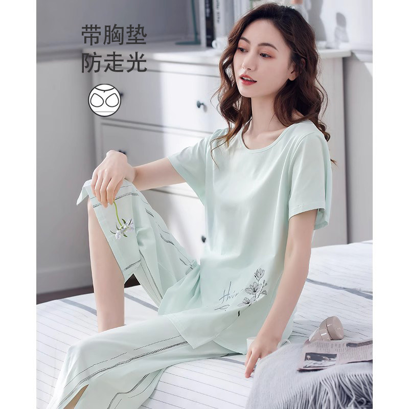 莫代尔带胸垫睡衣女款夏短袖七分裤2025新款冰丝夏季家居服套装