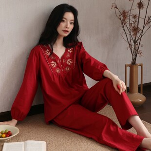 带胸垫睡衣女春秋季梭织纯棉长袖红色本命年中国风新款马年家居服