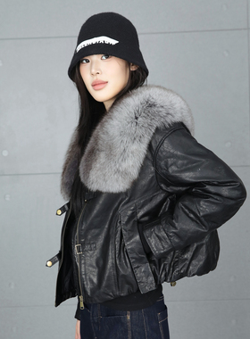 羽绒皮衣女短款2025年冬季新款狐狸毛领机车外套油蜡皮黑色皮夹克