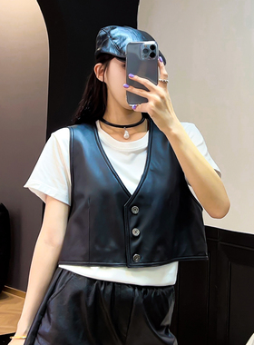 马甲女短款2025秋新款真皮黑色背心绵羊皮V领外搭小坎肩无袖外套