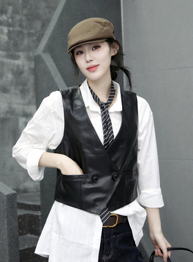 外搭小马甲女短款2025年秋季新款真皮黑色V领马甲绵羊皮百搭外套