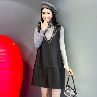 连衣裙女2025秋季新款绵羊皮V领皮裙真皮黑色链条无袖宽松背心裙